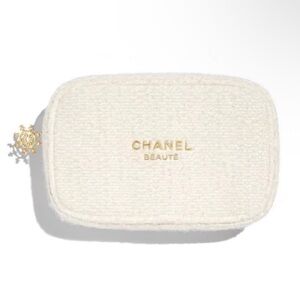 Chanel Beauty White Tweed Pouch with Gold CC Snowflake Zipper